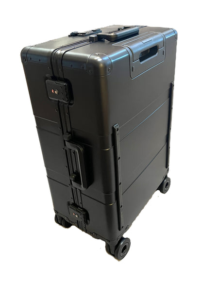 Paradox Aviation GEN2 25-inch Frequent Flyer aluminum roll aboard suitcase in matte black with four wheels and durable design.