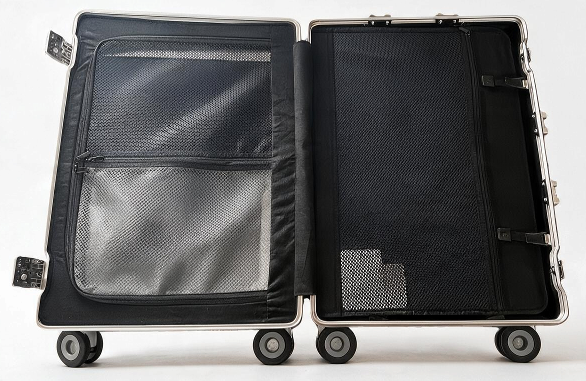 Interior view of Paradox Aviation 30 inch GEN2 flight crew suitcase featuring mesh storage pockets and sturdy hinges.