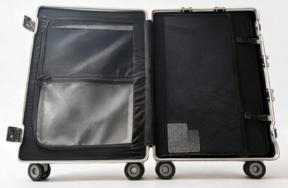 Interior view of Paradox Aviation 30 inch GEN2 flight crew suitcase featuring mesh storage pockets and sturdy hinges.