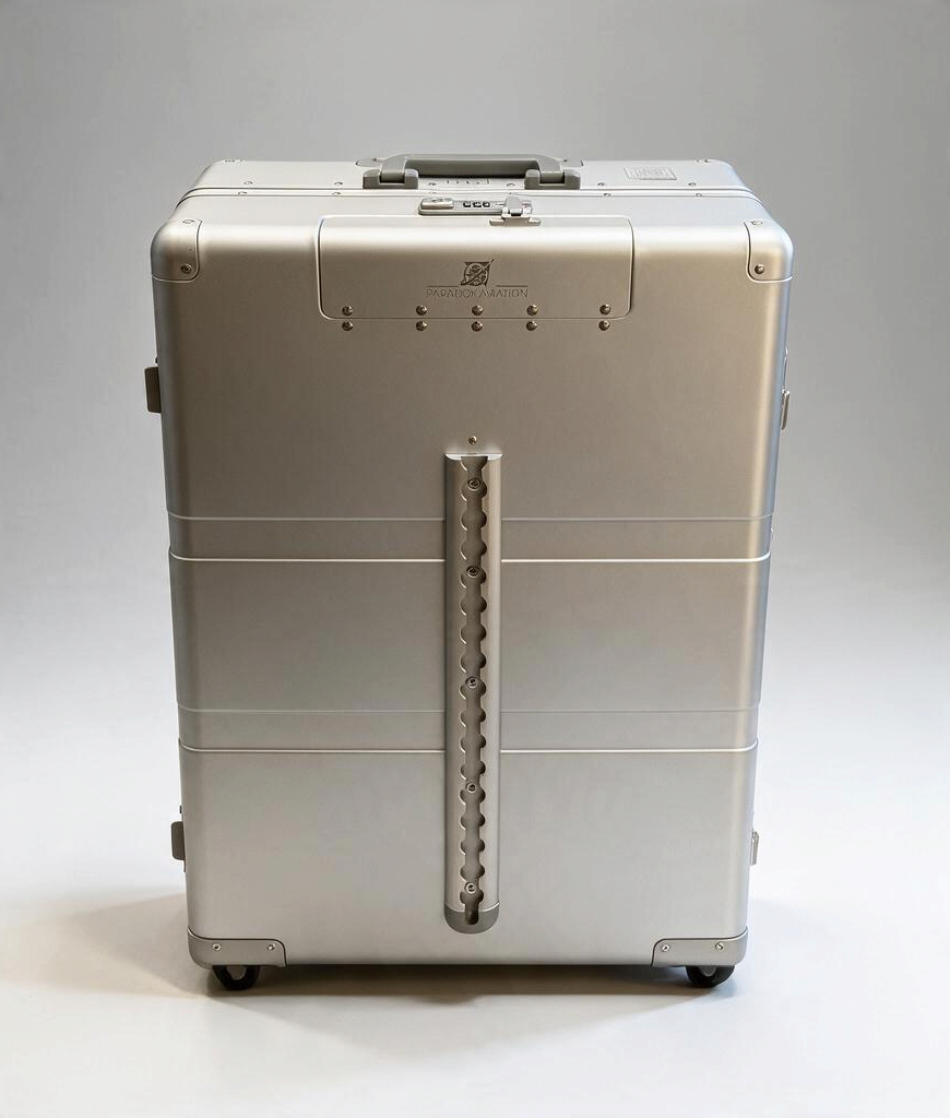 Paradox Aviation 30-inch GEN2 professional flight crew check-aboard luggage in silver with front cargo track system.