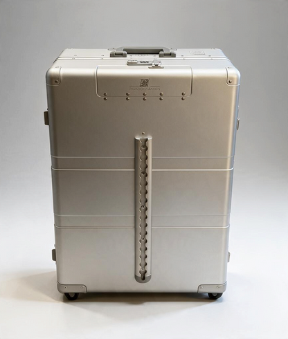 Paradox Aviation 30-inch GEN2 professional flight crew check-aboard luggage in silver with front cargo track system.