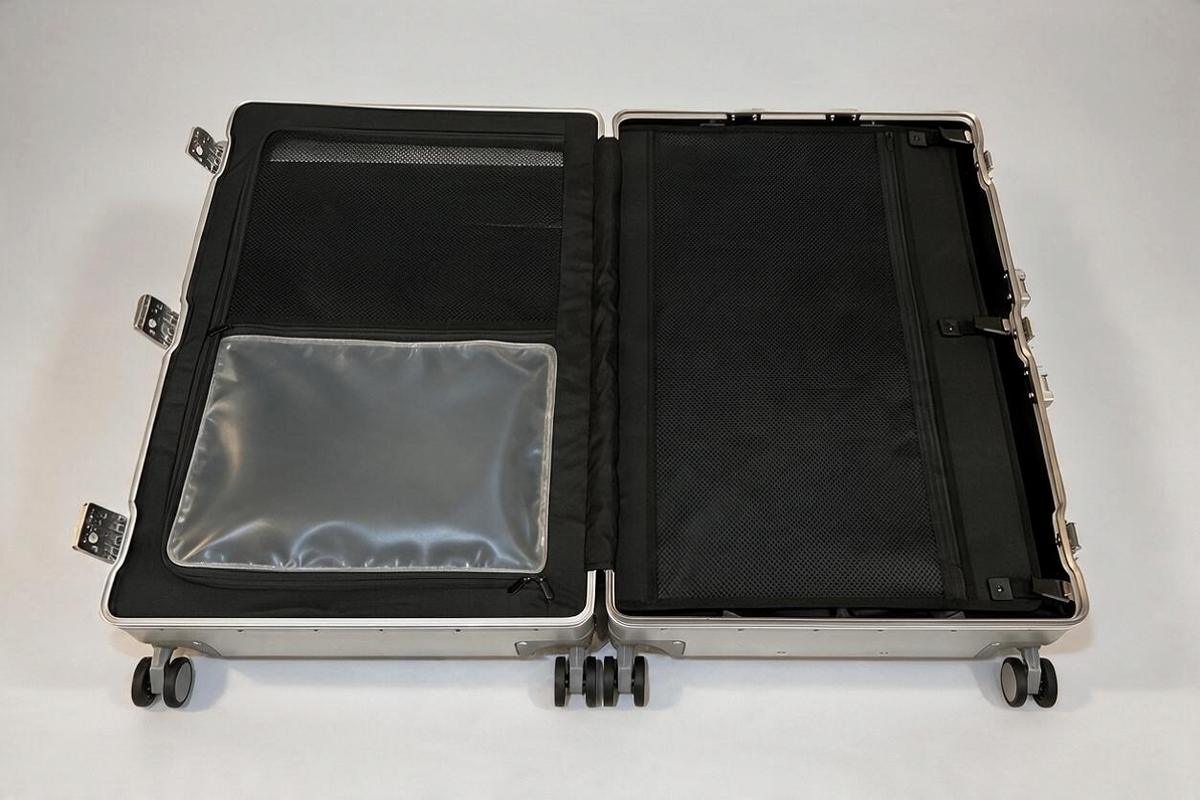 Interior view of Paradox Aviation 30-inch GEN2 Frequent Flyer suitcase featuring black mesh dividers and wet pouch.