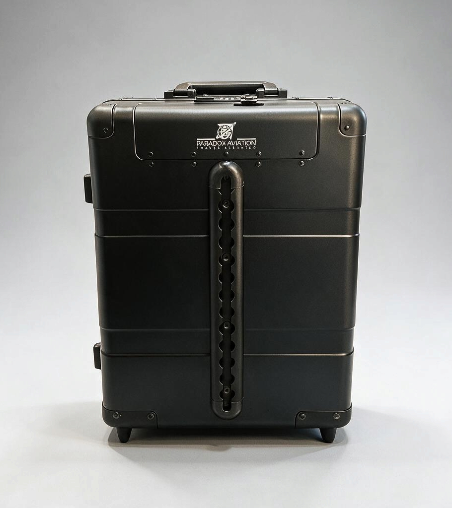 Paradox Aviation GEN2 22-inch professional flight crew roll-aboard suitcase in Dark Sky black aluminum with front cargo track.