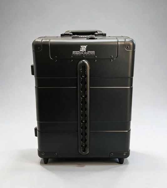Paradox Aviation GEN2 22-inch professional flight crew roll-aboard suitcase in Dark Sky black aluminum with front cargo track.