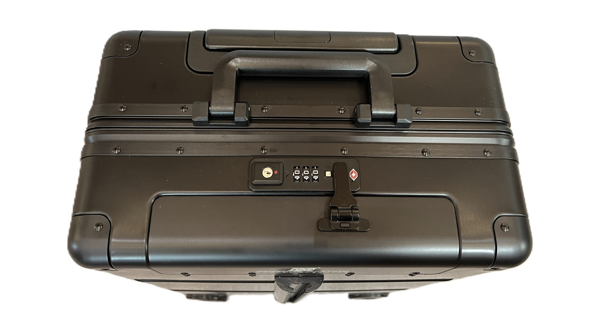 Paradox Aviation 22-inch GEN2 professional flight crew carry-on luggage in black aluminum with TSA lock and handle.