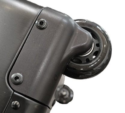 Paradox Aviation GEN2 flight crew case featuring a durable matte grey wheel assembly and reinforced metal housing.