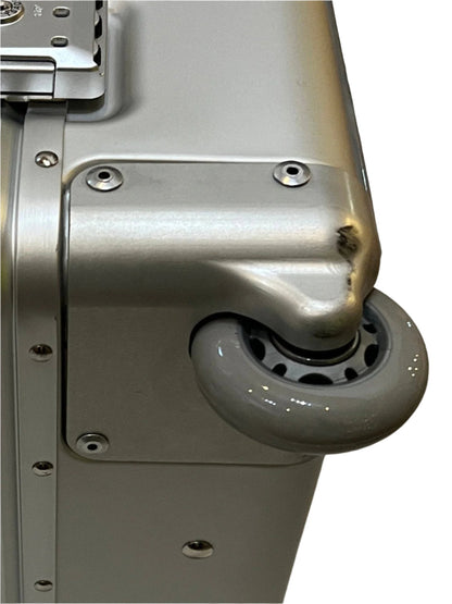 Paradox Aviation GEN2 flight crew case featuring a durable silver metal exterior and a matte grey wheel assembly.