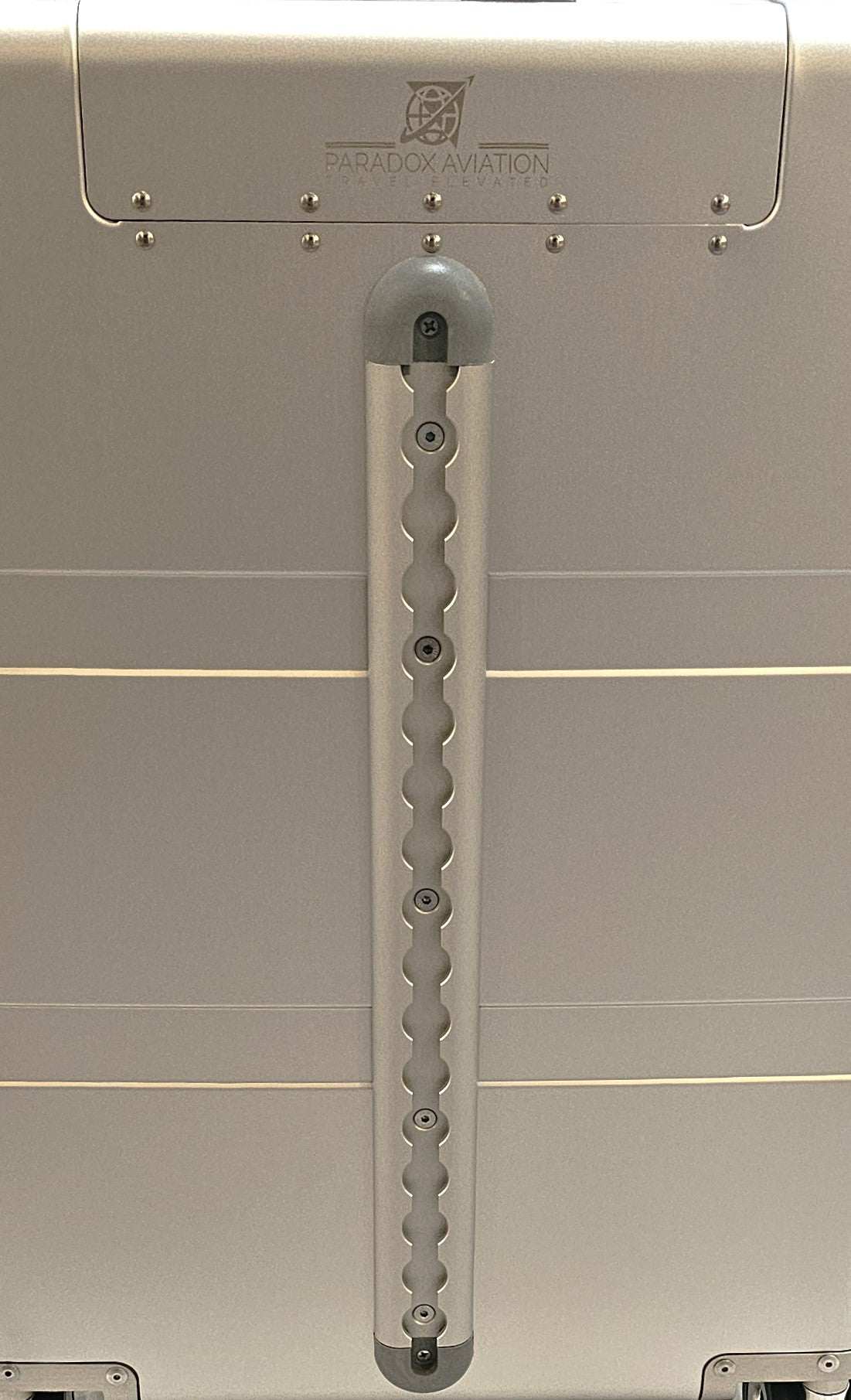Paradox Aviation GEN2 25-inch flight crew roll aboard case featuring a silver metal exterior and cargo track system.