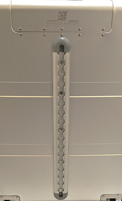 Paradox Aviation GEN2 25-inch flight crew roll aboard case featuring a silver metal exterior and cargo track system.