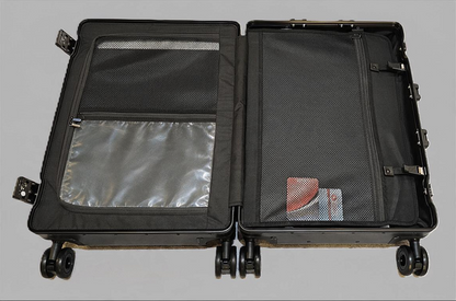 Interior view of Paradox Aviation 30-inch GEN2 flight crew luggage showing mesh pockets and a wet clothes pouch.