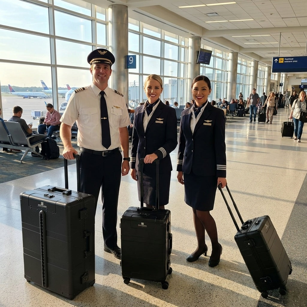 Paradox Aviation flight crew members in uniform standing in an airport terminal with their GEN2 roll aboard cases.