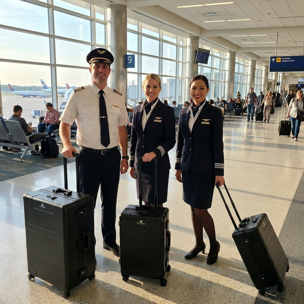 Paradox Aviation flight crew members in uniform standing in an airport terminal with their professional rolling cases.