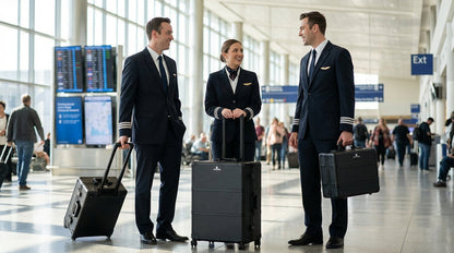 Paradox Aviation flight crew members in uniform with black GEN2 22-inch professional roll aboard luggage in airport