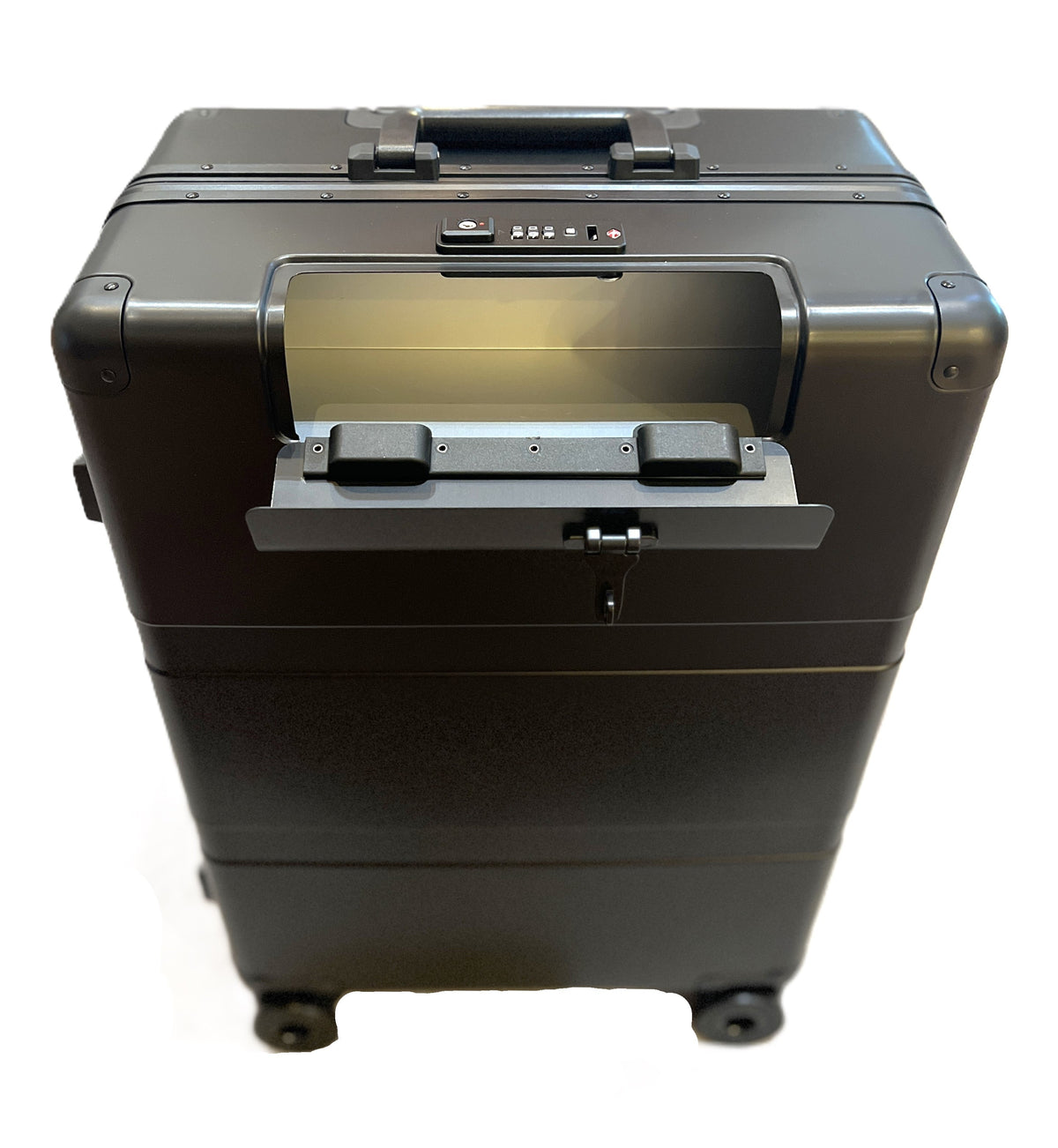 Paradox Aviation GEN2 25-inch Frequent Flyer aluminum roll aboard suitcase in black with a top-loading compartment open.