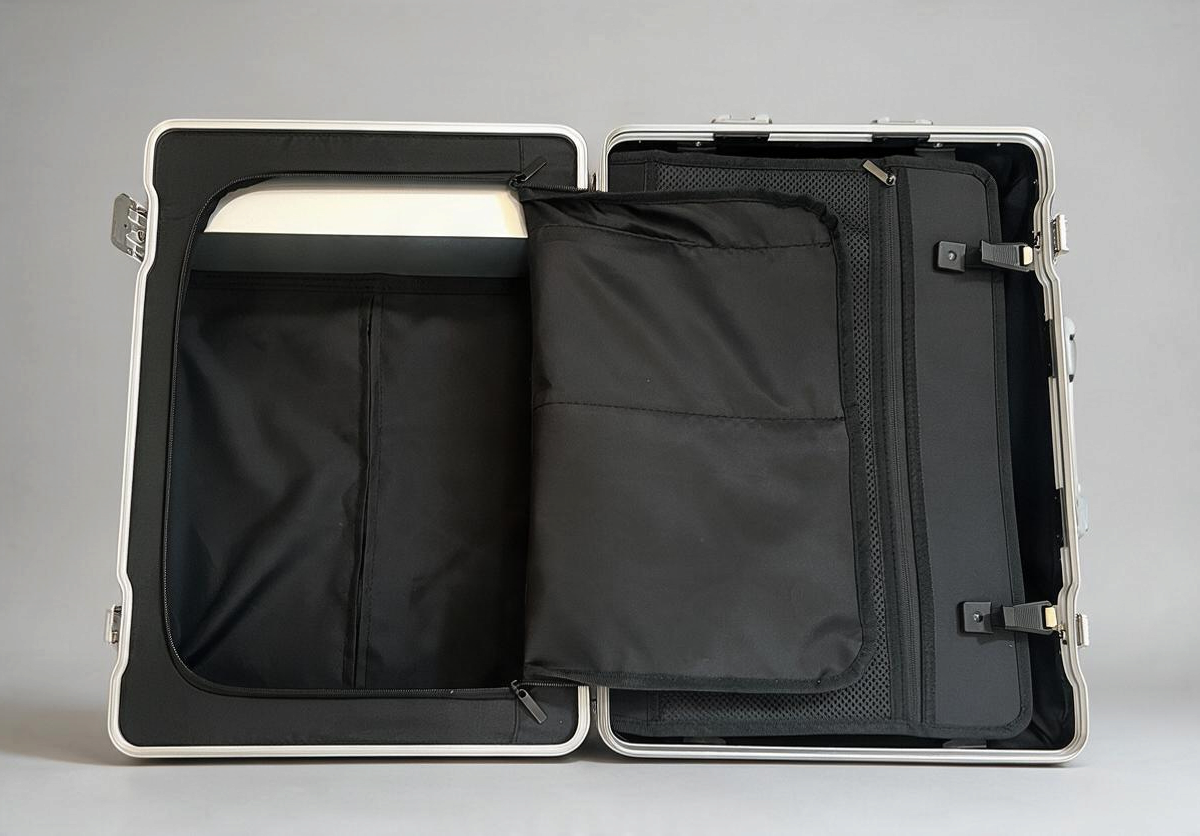 Open Paradox Aviation 30 inch GEN2 Frequent Flyer check-in suitcase interior with black fabric lining and wet pouch