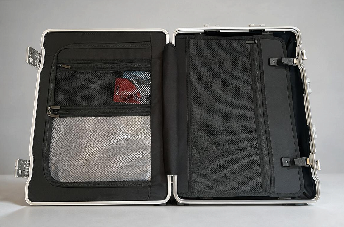 Open interior of Paradox Aviation 30 inch GEN2 Frequent Flyer suitcase showing mesh pockets and storage compartments