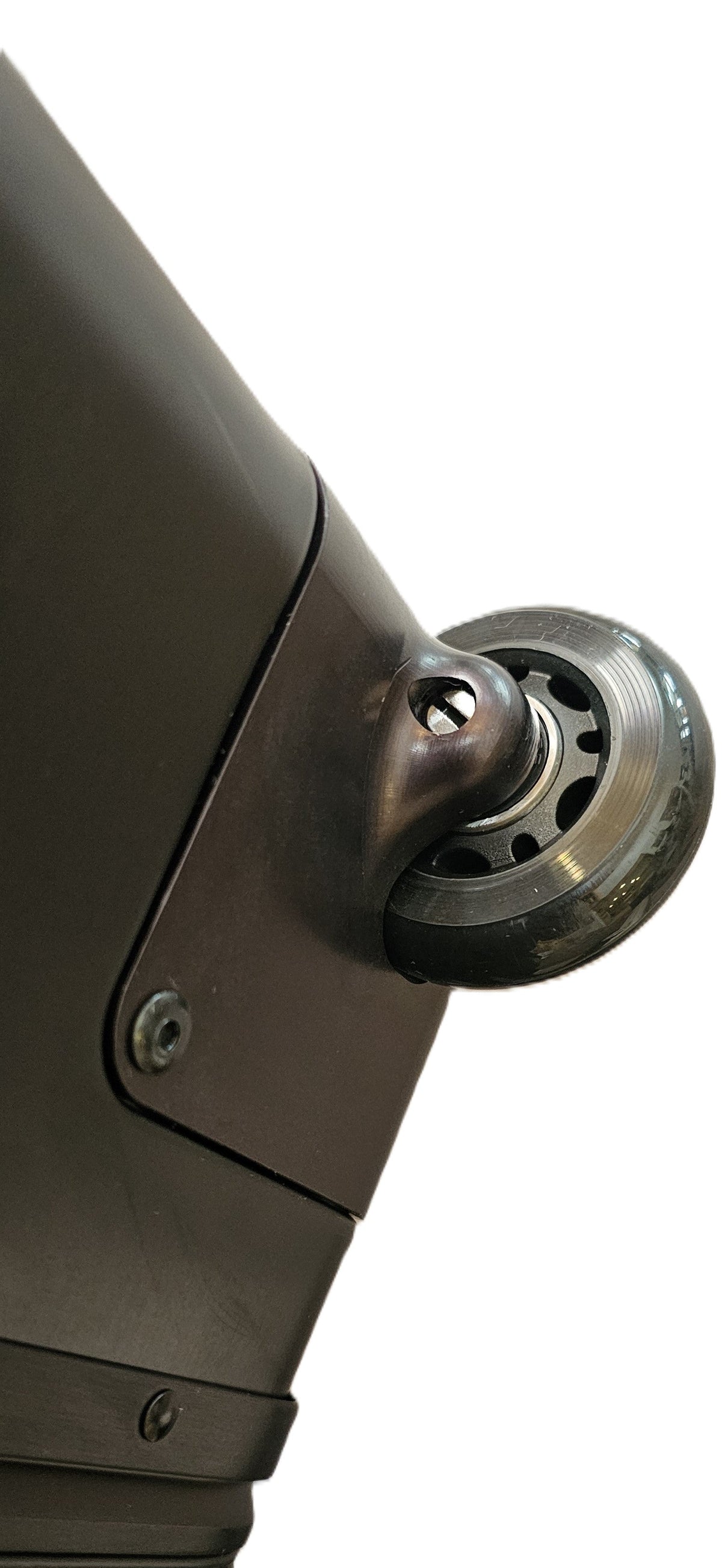 Paradox Aviation GEN2 flight crew luggage featuring a durable matte grey wheel and reinforced mounting bracket