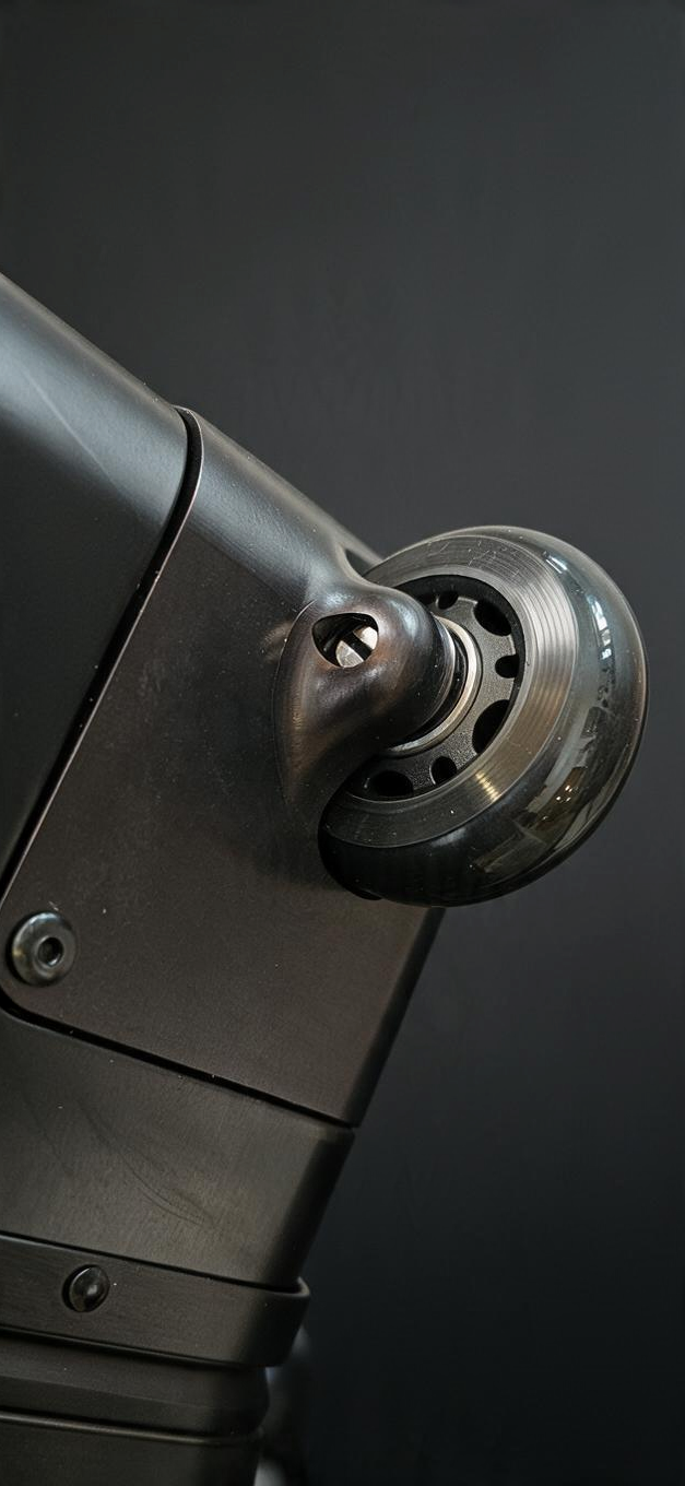 Close-up of a durable matte grey wheel on a Paradox Aviation GEN2 30-inch check-in luggage case.