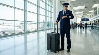 Paradox Aviation pilot in uniform standing in an airport terminal with a black GEN2 professional flight crew suitcase.