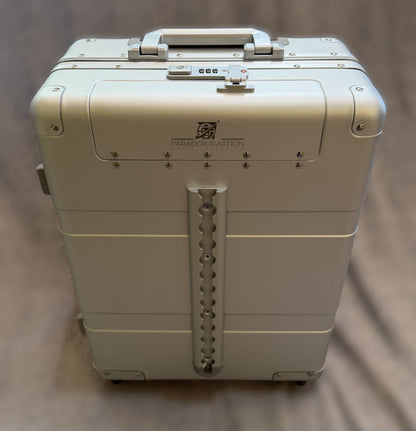 Paradox Aviation GEN2 22-inch silver aluminum professional flight crew roll aboard suitcase with front cargo track.