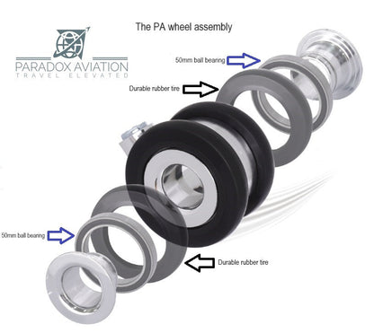 Paradox Aviation luggage wheel assembly showing ball bearings and durable rubber tires in an exploded view