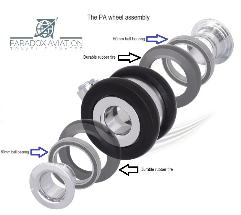 Paradox Aviation GEN2 luggage wheel assembly showing durable rubber tires and 50mm ball bearings in an exploded view.