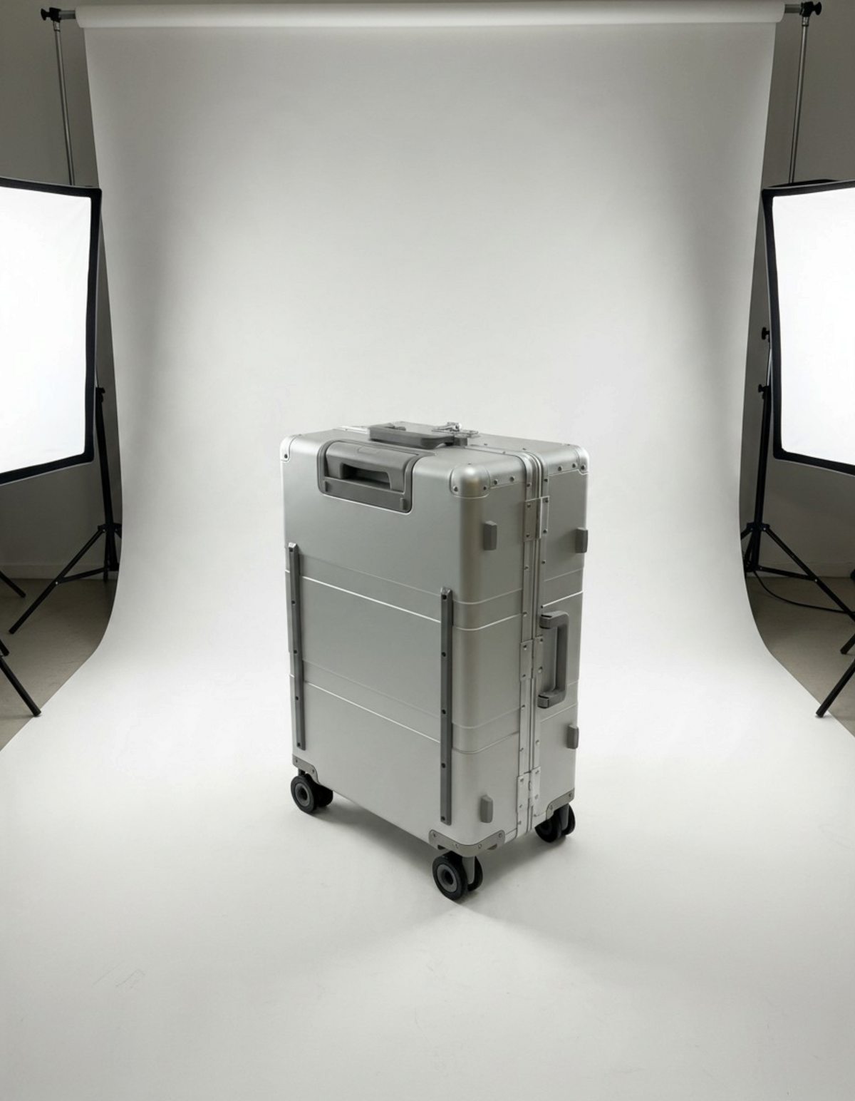 Paradox Aviation 25-inch GEN2 Frequent Flyer hard-shell silver aluminum luggage with matte grey wheels and handle.